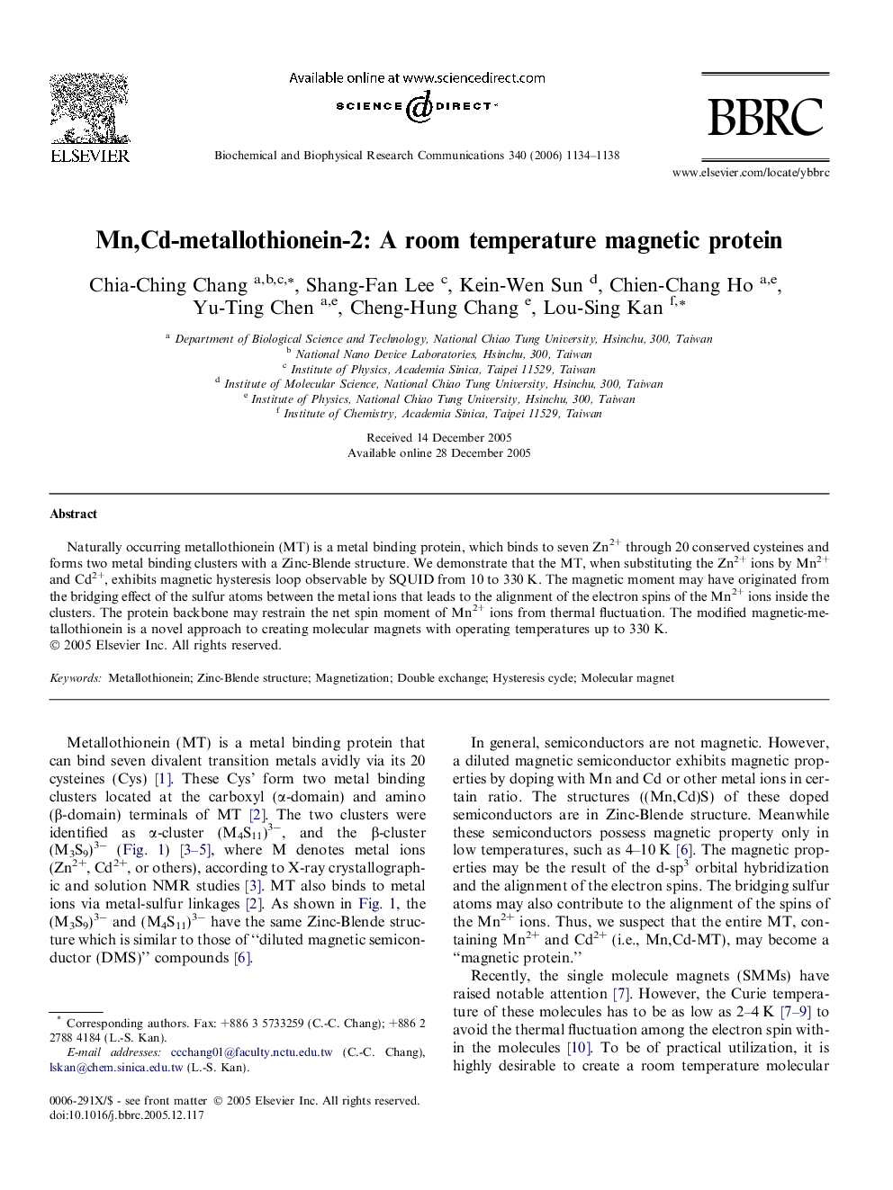 Mn,Cd-metallothionein-2: A room temperature magnetic protein