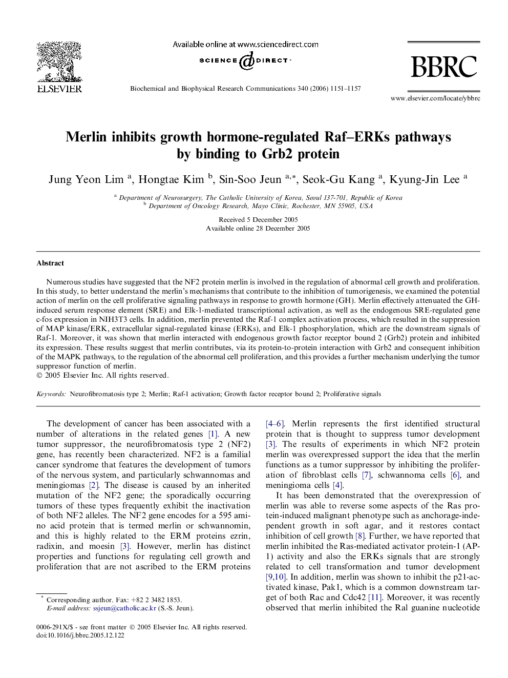 Merlin inhibits growth hormone-regulated Raf–ERKs pathways by binding to Grb2 protein