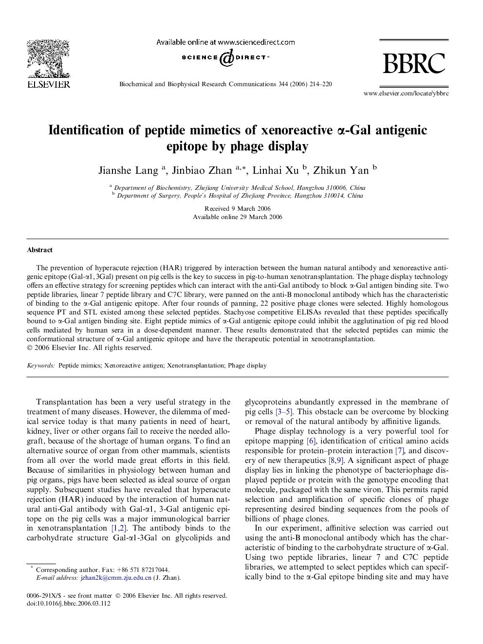 Identification of peptide mimetics of xenoreactive α-Gal antigenic epitope by phage display