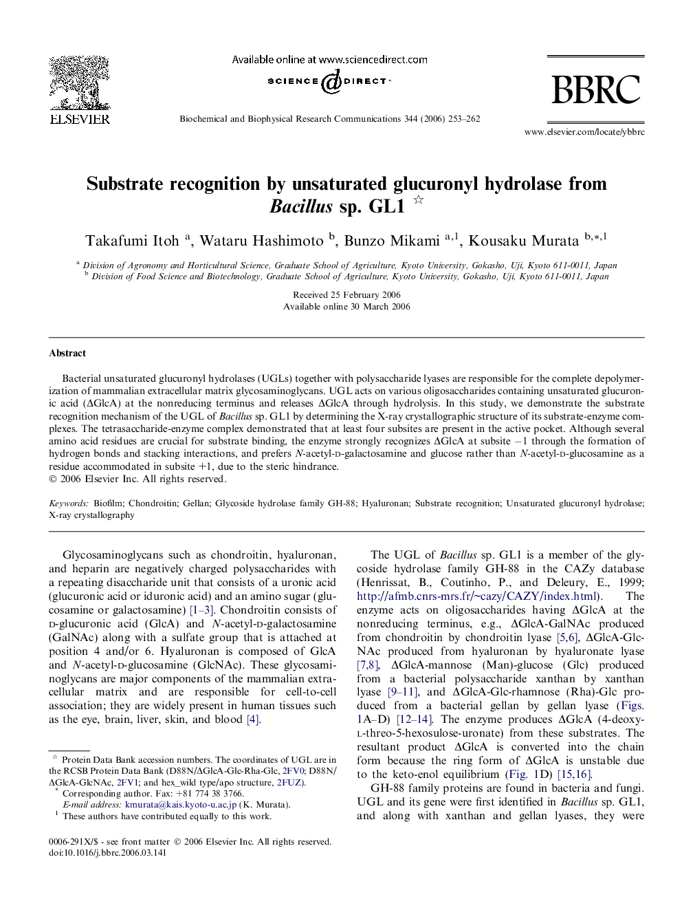 Substrate recognition by unsaturated glucuronyl hydrolase from Bacillus sp. GL1 