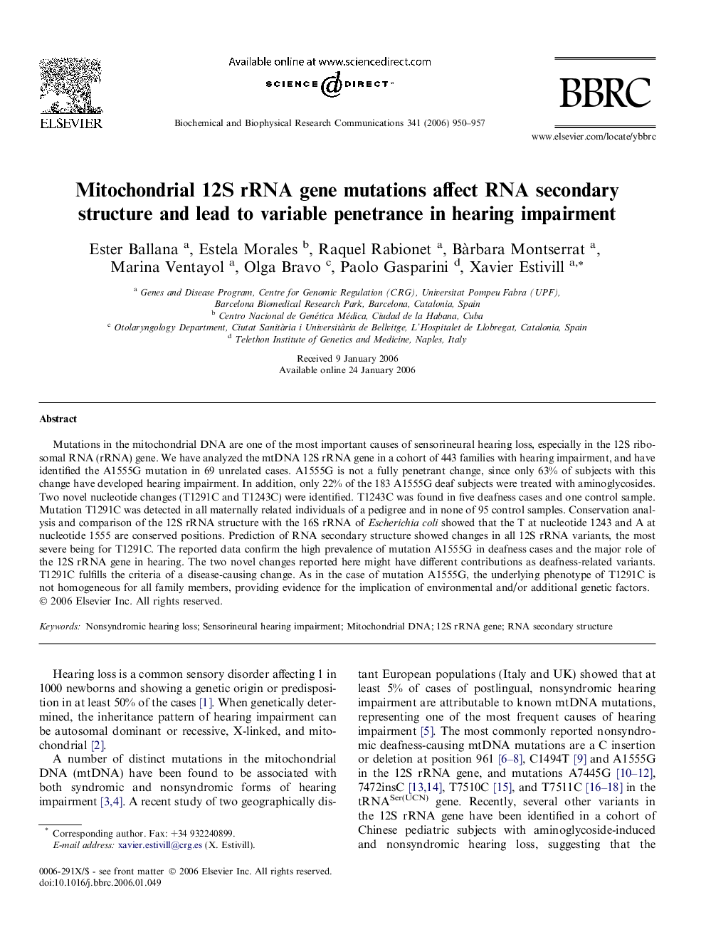 Mitochondrial 12S rRNA gene mutations affect RNA secondary structure and lead to variable penetrance in hearing impairment