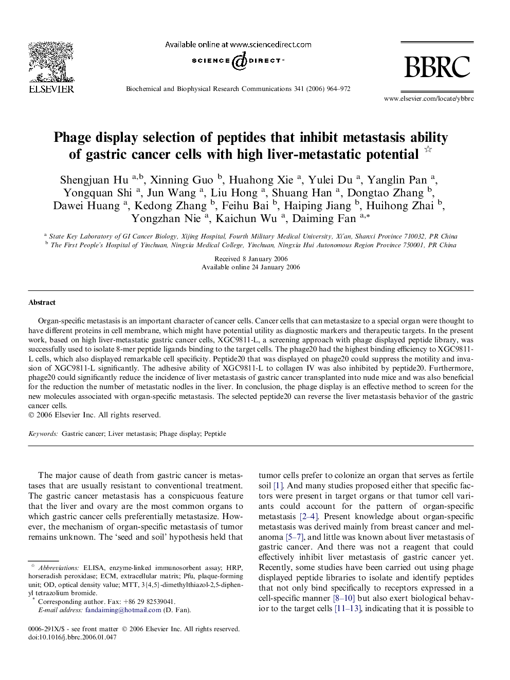 Phage display selection of peptides that inhibit metastasis ability of gastric cancer cells with high liver-metastatic potential 