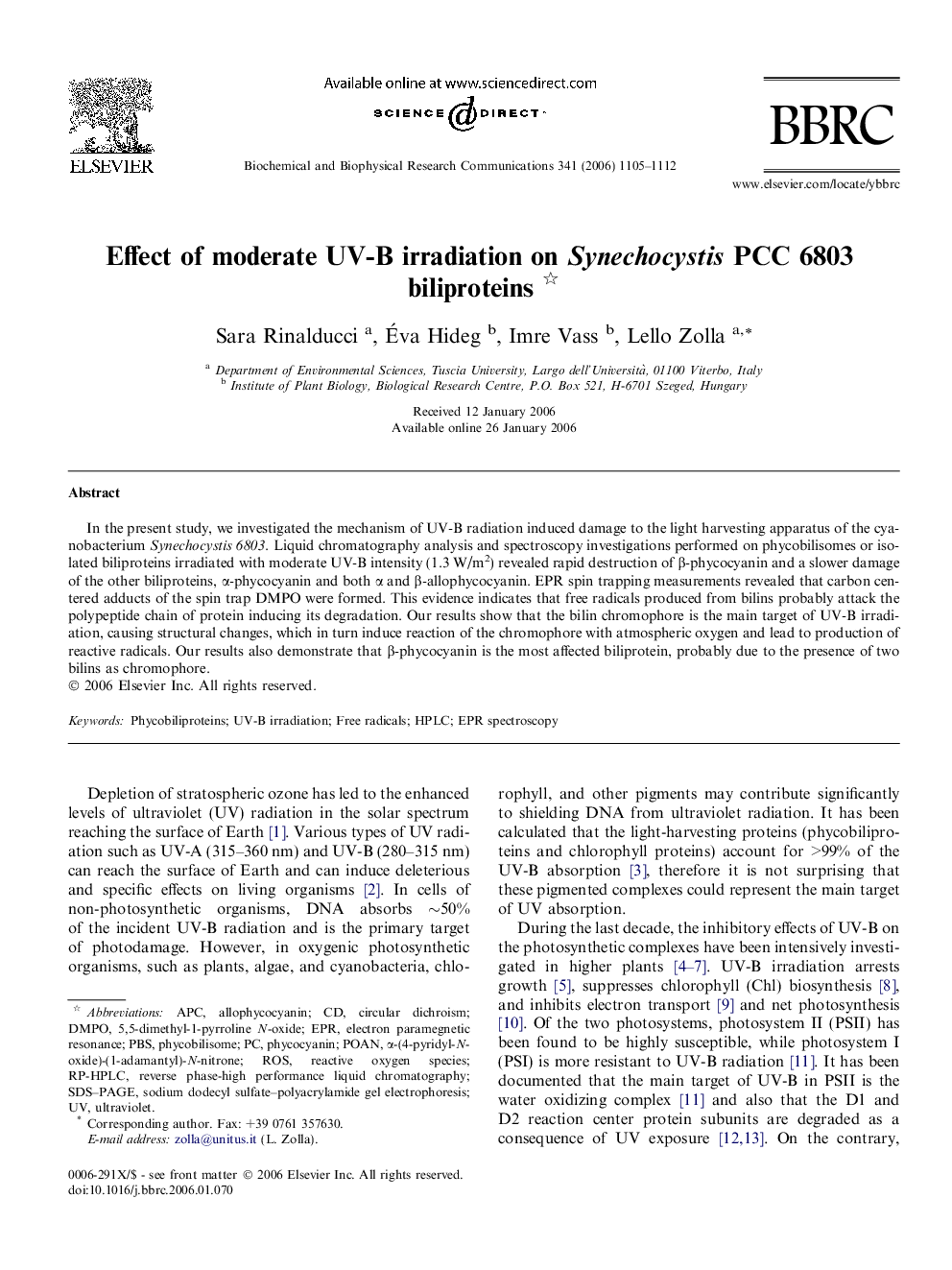 Effect of moderate UV-B irradiation on Synechocystis PCC 6803 biliproteins 