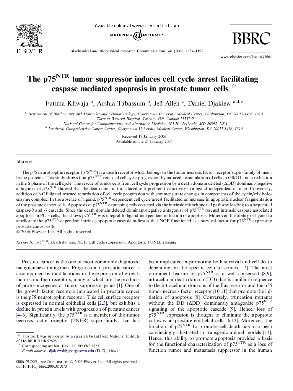 The p75NTR tumor suppressor induces cell cycle arrest facilitating caspase mediated apoptosis in prostate tumor cells 