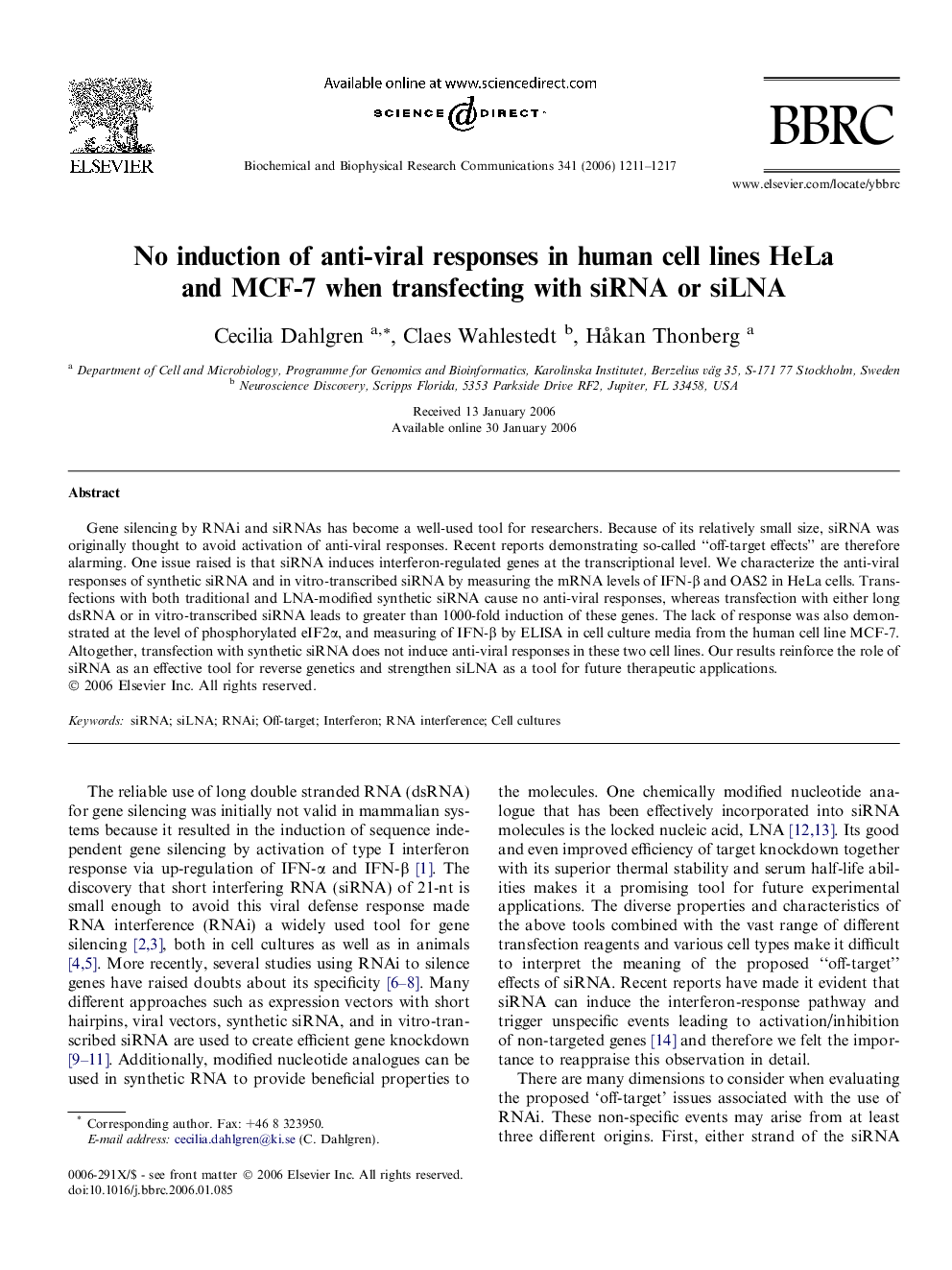 No induction of anti-viral responses in human cell lines HeLa and MCF-7 when transfecting with siRNA or siLNA