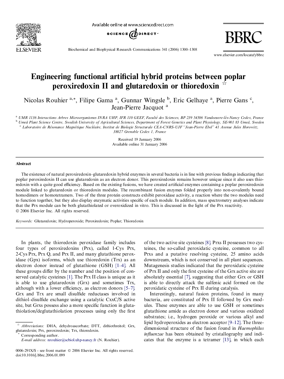 Engineering functional artificial hybrid proteins between poplar peroxiredoxin II and glutaredoxin or thioredoxin 