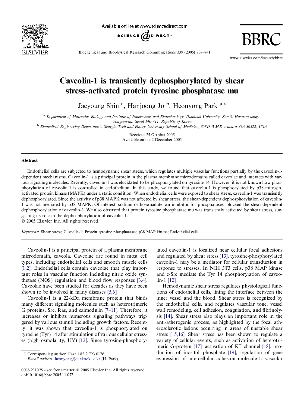 Caveolin-1 is transiently dephosphorylated by shear stress-activated protein tyrosine phosphatase mu