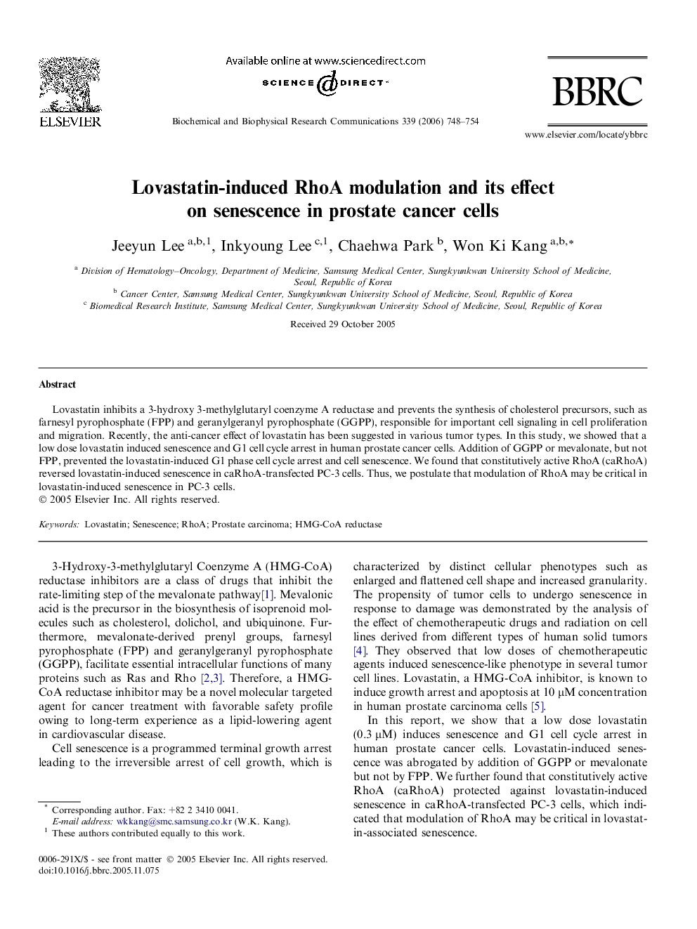 Lovastatin-induced RhoA modulation and its effect on senescence in prostate cancer cells