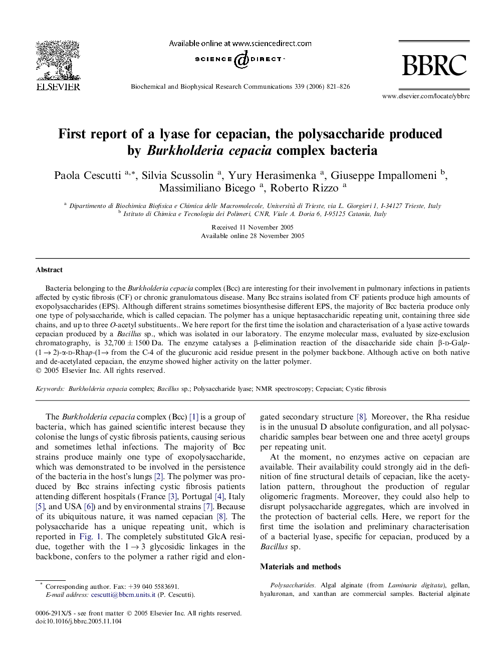 First report of a lyase for cepacian, the polysaccharide produced by Burkholderia cepacia complex bacteria