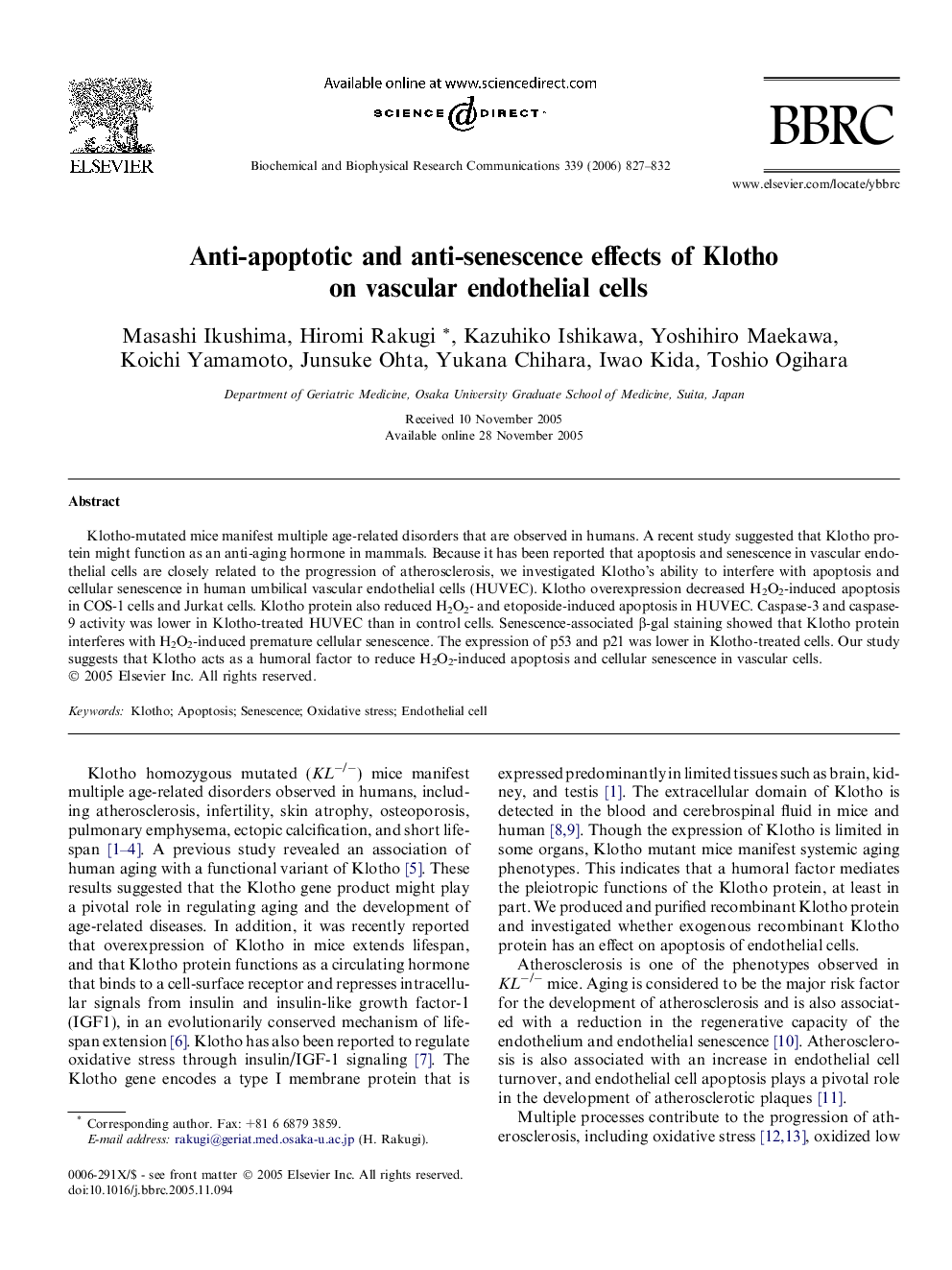 Anti-apoptotic and anti-senescence effects of Klotho on vascular endothelial cells