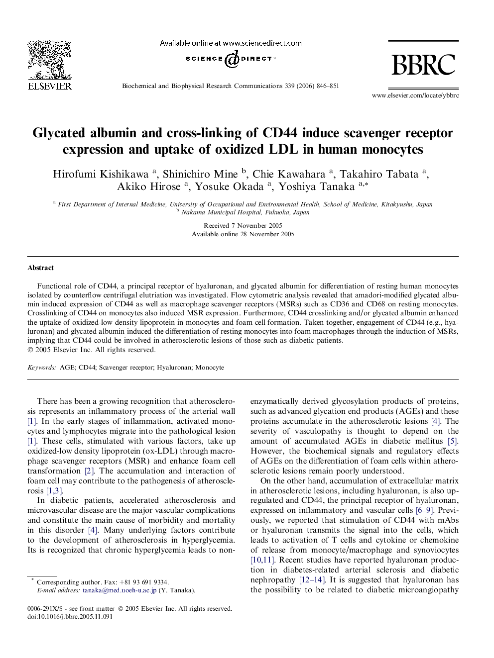 Glycated albumin and cross-linking of CD44 induce scavenger receptor expression and uptake of oxidized LDL in human monocytes