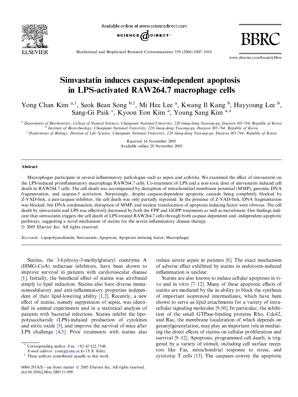 Simvastatin induces caspase-independent apoptosis in LPS-activated RAW264.7 macrophage cells