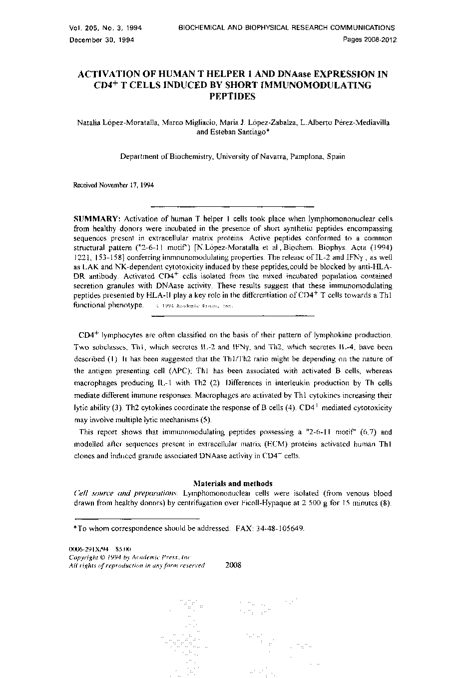 Activation of Human T Helper 1 and DNAase Expression in CD4+T Cells Induced by Short Immunomodulating Peptides