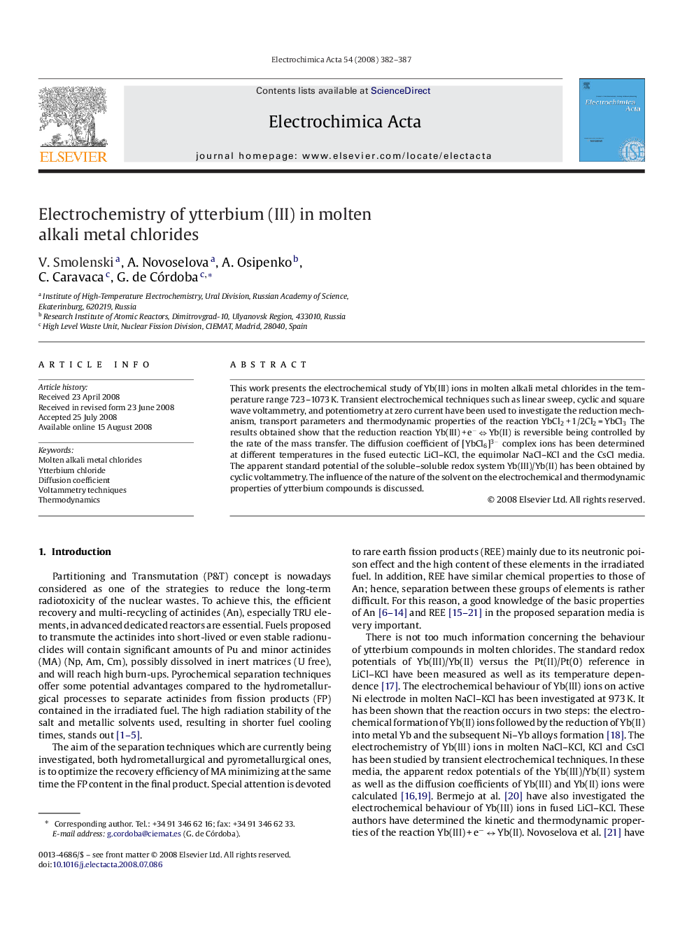 Electrochemistry of ytterbium (III) in molten alkali metal chlorides