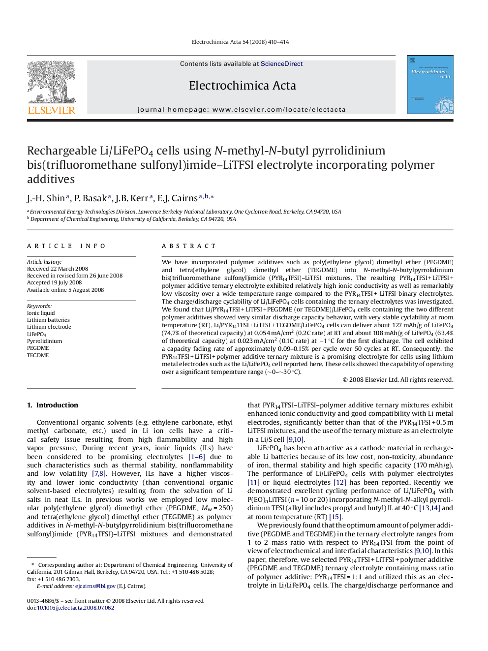 عکس صفحه اول مقاله: Rechargeable Li/LiFePO4 cells using N-methyl-N-butyl pyrrolidinium bis(trifluoromethane sulfonyl)imide–LiTFSI electrolyte incorporating polymer additives Rechargeable Li/LiFePO4 cells using N-methyl-N-butyl pyrrolidinium bis(trifluoromethane sulfonyl)imide–LiTFSI electrolyte incorporating polymer additives