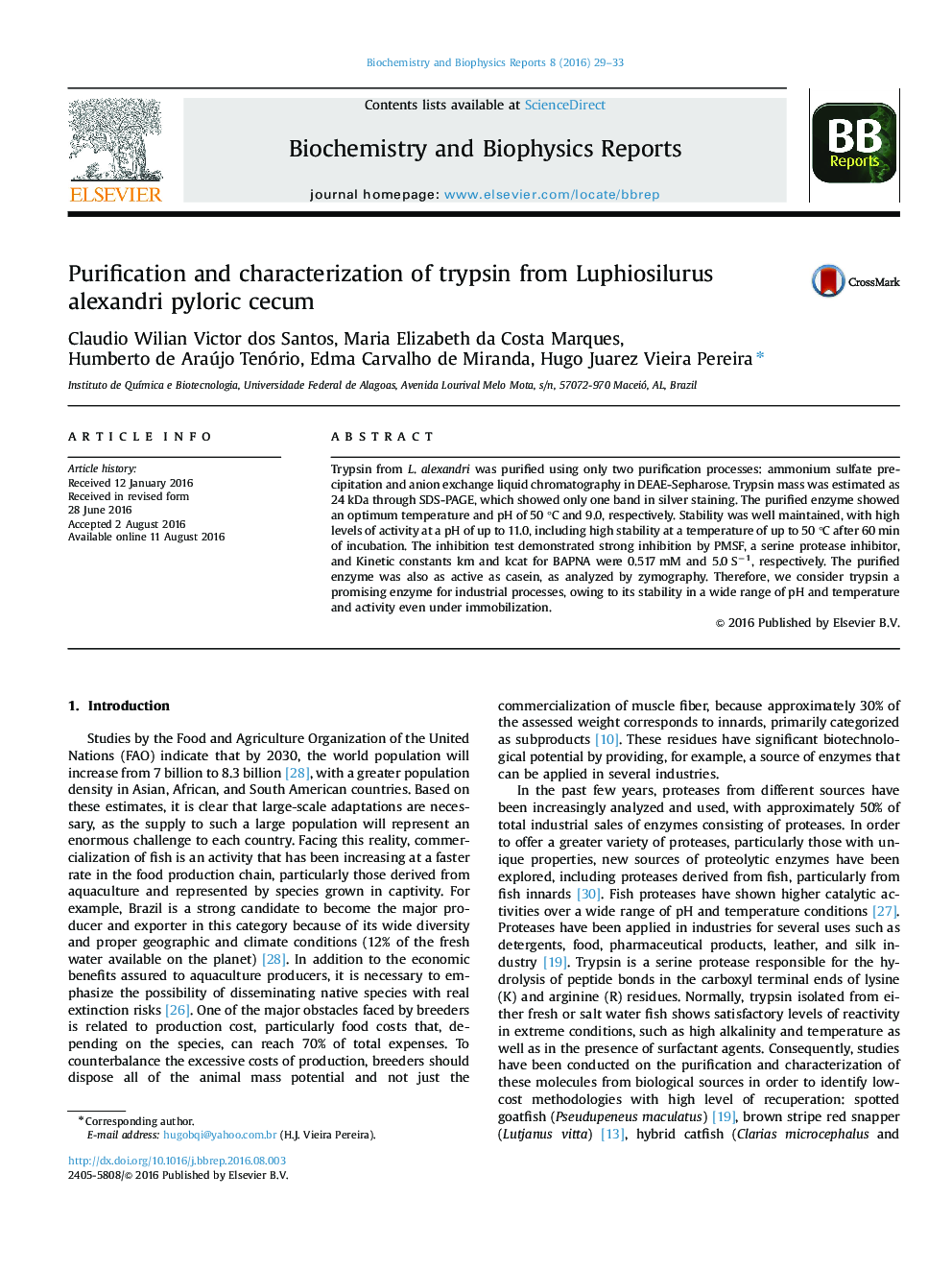 Purification and characterization of trypsin from Luphiosilurus alexandri pyloric cecum