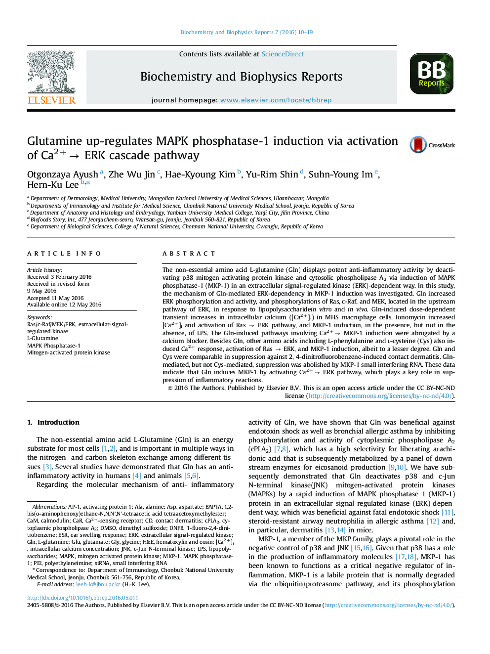 Glutamine up-regulates MAPK phosphatase-1 induction via activation of Ca2+→ ERK cascade pathway