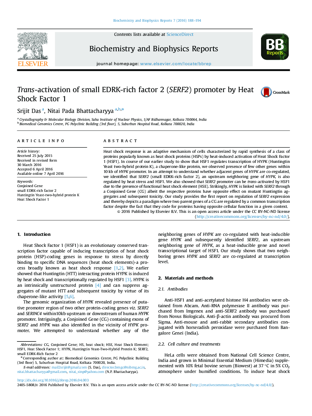 Trans-activation of small EDRK-rich factor 2 (SERF2) promoter by Heat Shock Factor 1