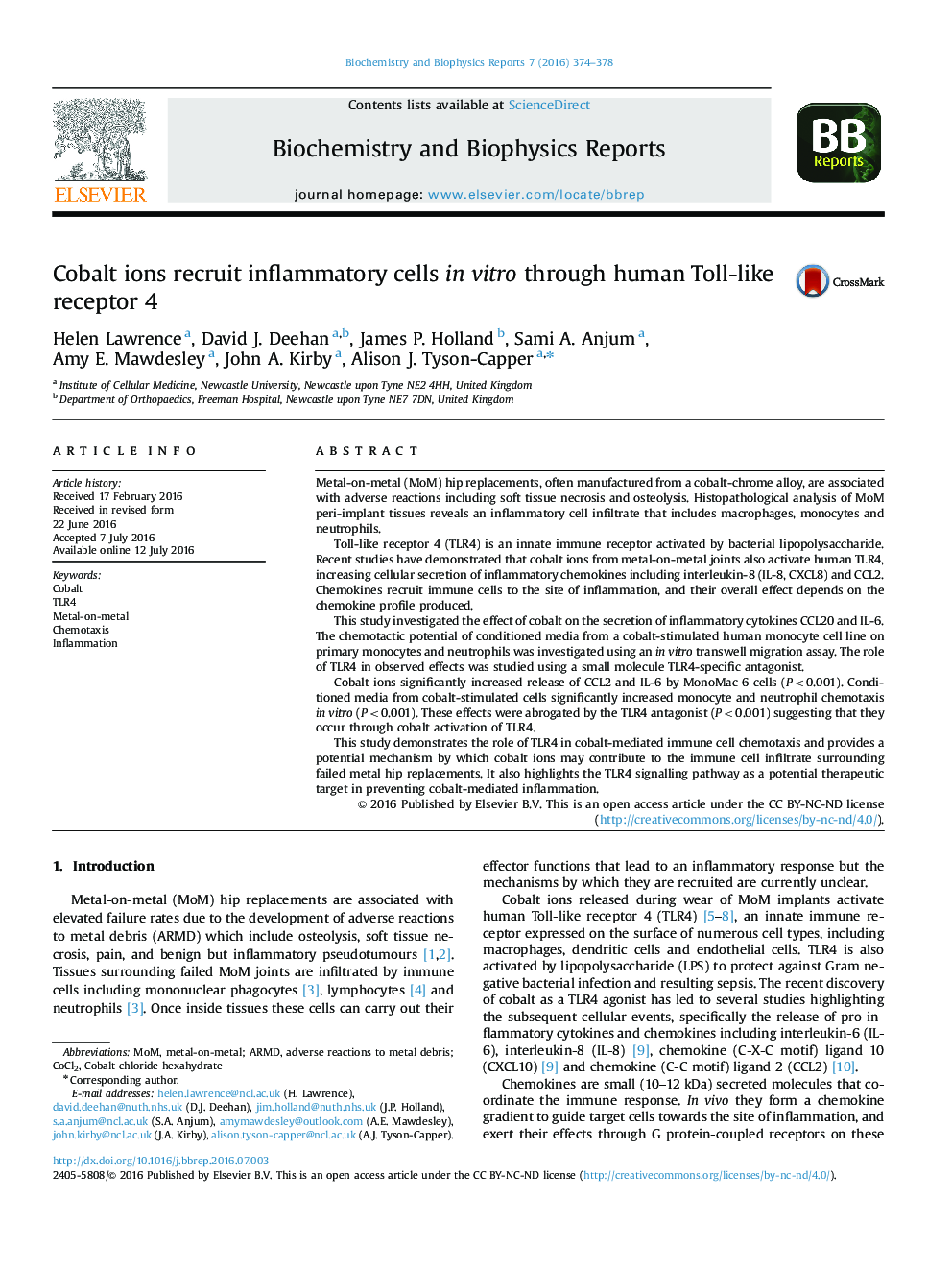 Cobalt ions recruit inflammatory cells in vitro through human Toll-like receptor 4