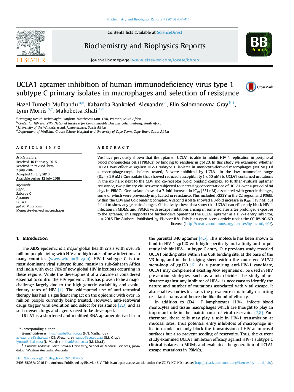 UCLA1 aptamer inhibition of human immunodeficiency virus type 1 subtype C primary isolates in macrophages and selection of resistance