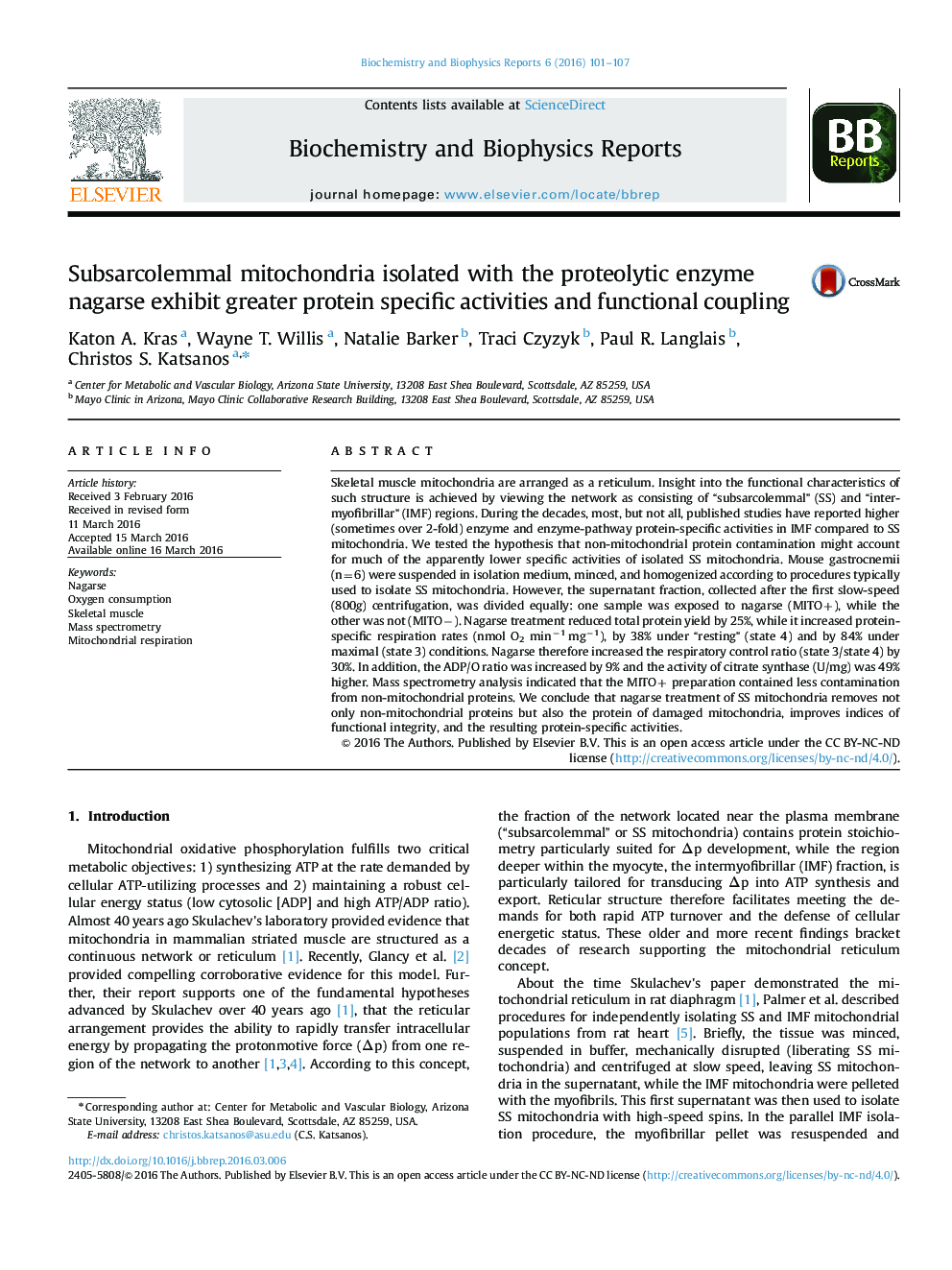 Subsarcolemmal mitochondria isolated with the proteolytic enzyme nagarse exhibit greater protein specific activities and functional coupling