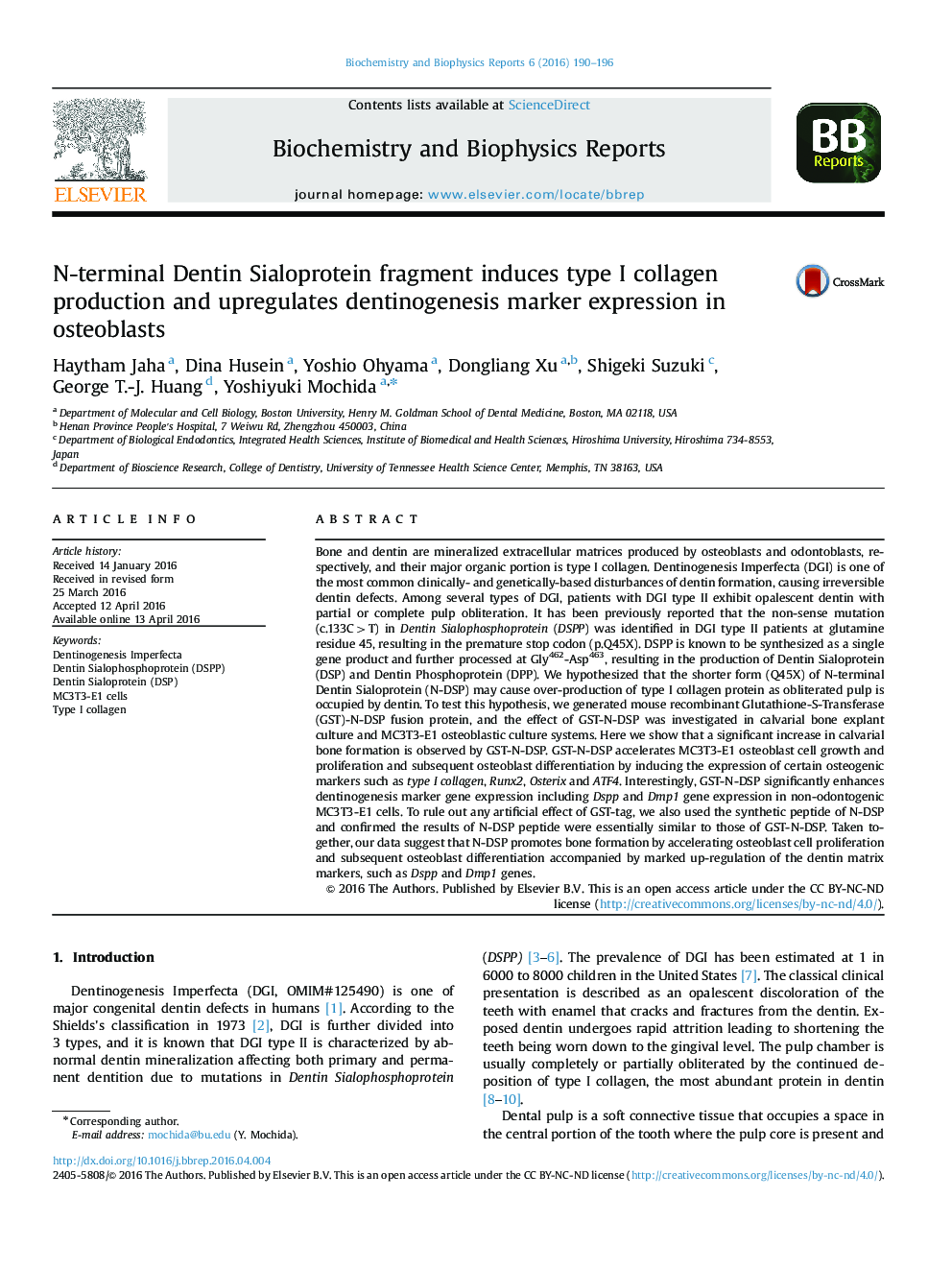 N-terminal Dentin Sialoprotein fragment induces type I collagen production and upregulates dentinogenesis marker expression in osteoblasts