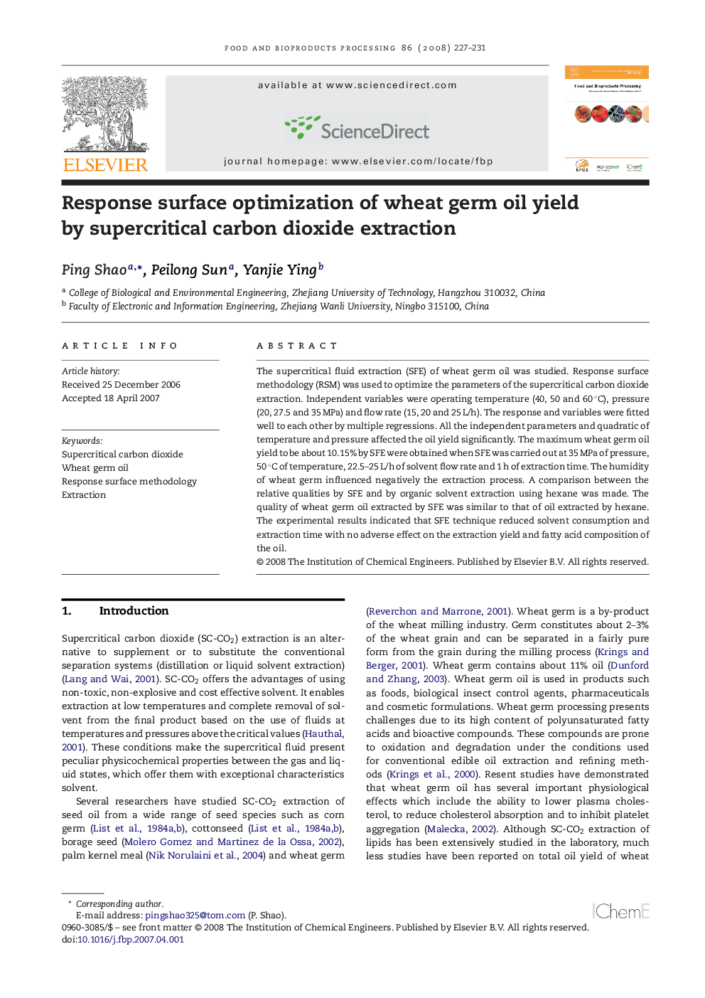 Response surface optimization of wheat germ oil yield by supercritical carbon dioxide extraction