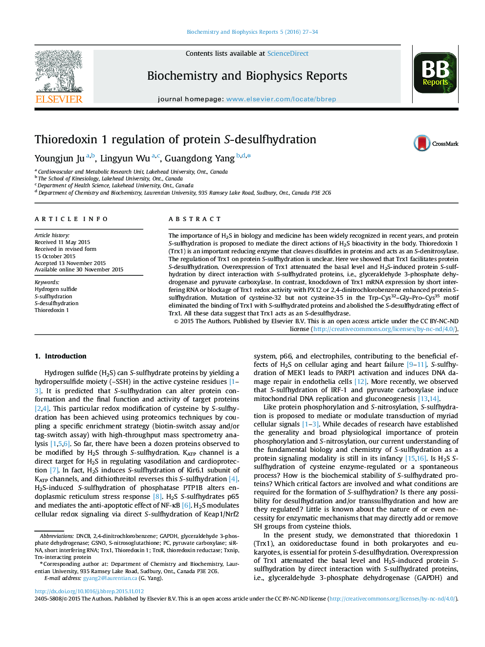 Thioredoxin 1 regulation of protein S-desulfhydration