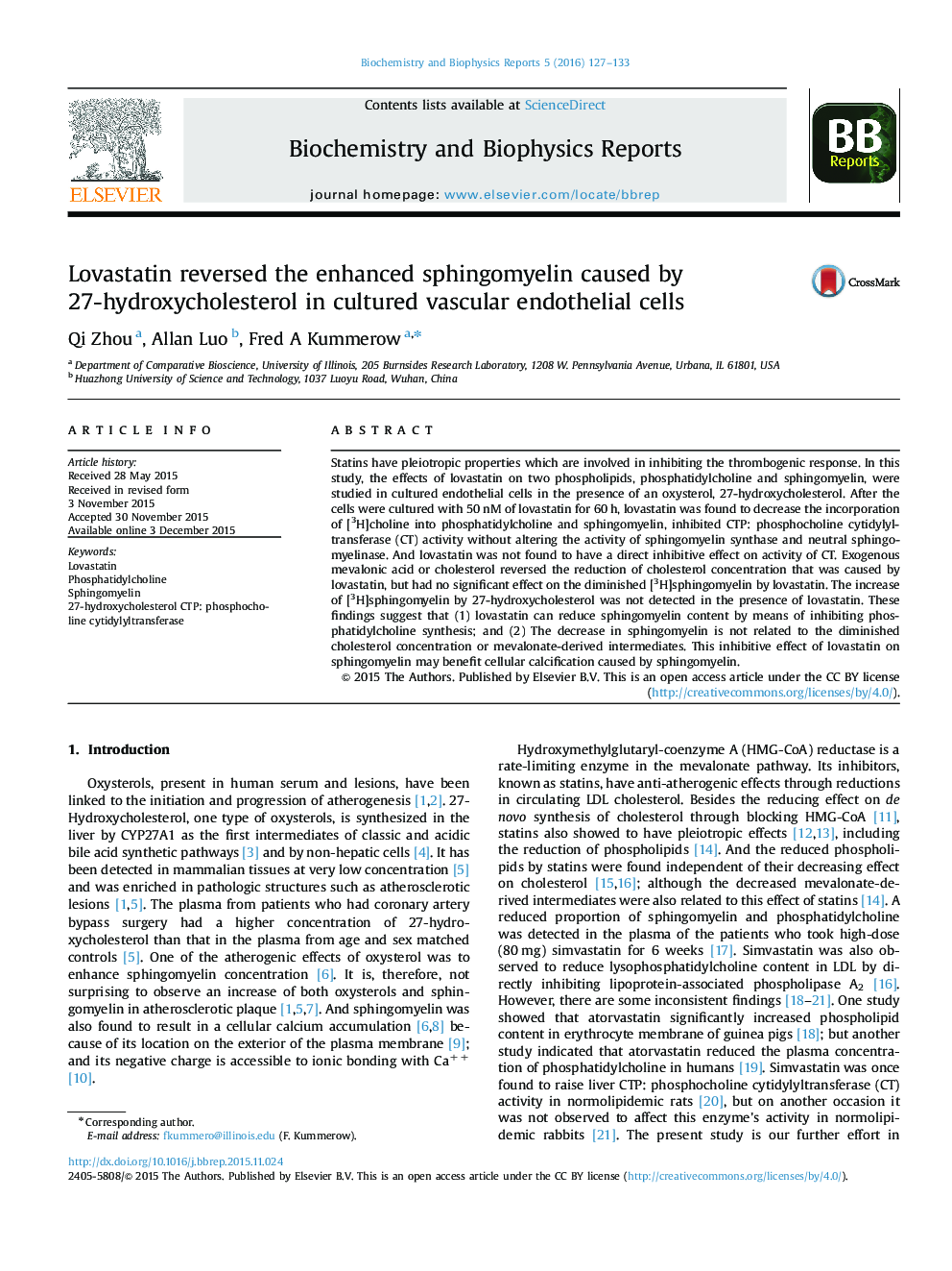 Lovastatin reversed the enhanced sphingomyelin caused by 27-hydroxycholesterol in cultured vascular endothelial cells