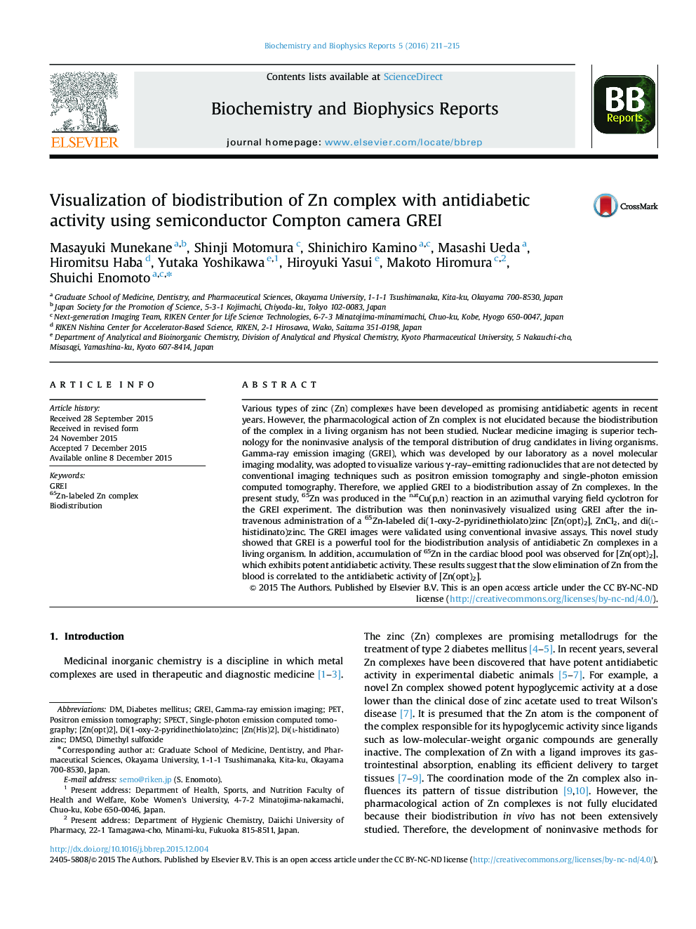 Visualization of biodistribution of Zn complex with antidiabetic activity using semiconductor Compton camera GREI