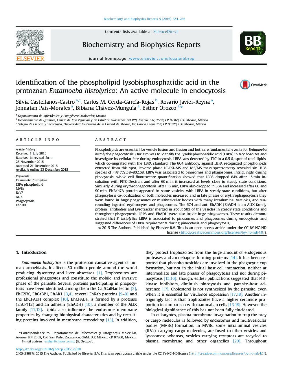 Identification of the phospholipid lysobisphosphatidic acid in the protozoan Entamoeba histolytica: An active molecule in endocytosis