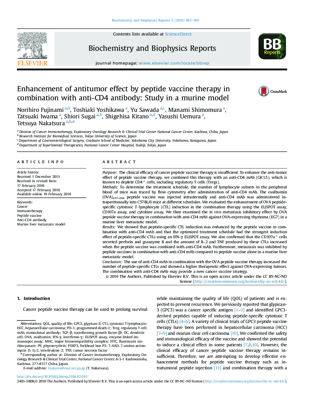 Enhancement of antitumor effect by peptide vaccine therapy in combination with anti-CD4 antibody: Study in a murine model