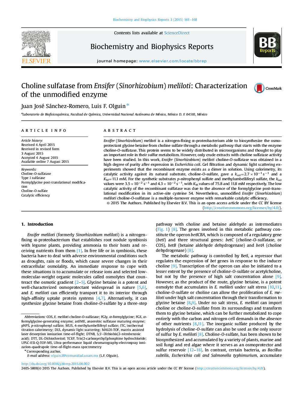 Choline sulfatase from Ensifer (Sinorhizobium) meliloti: Characterization of the unmodified enzyme