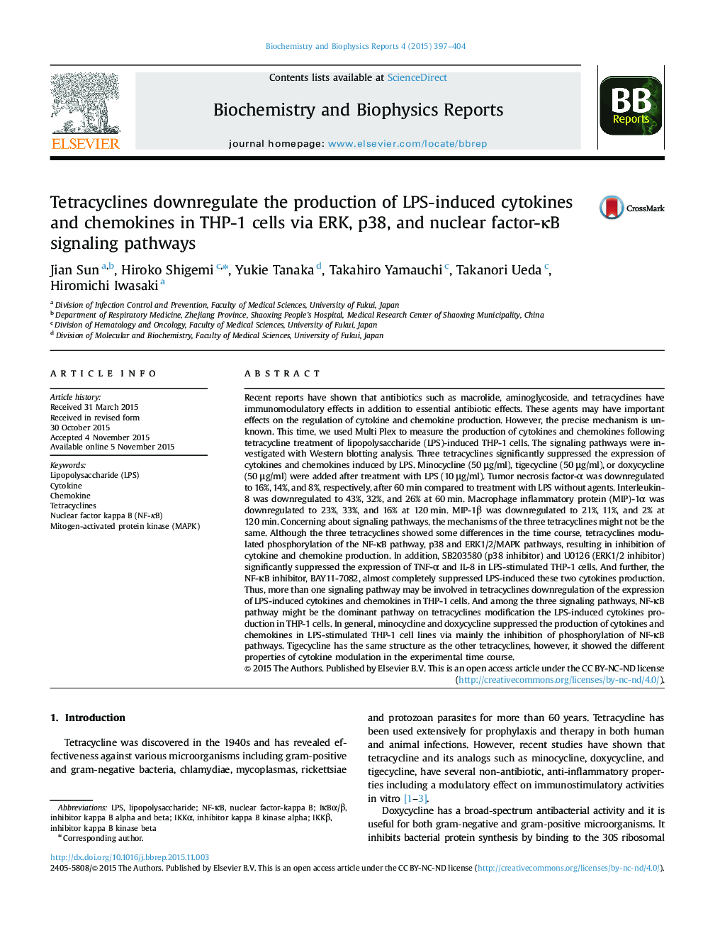 Tetracyclines downregulate the production of LPS-induced cytokines and chemokines in THP-1 cells via ERK, p38, and nuclear factor-ÎºB signaling pathways