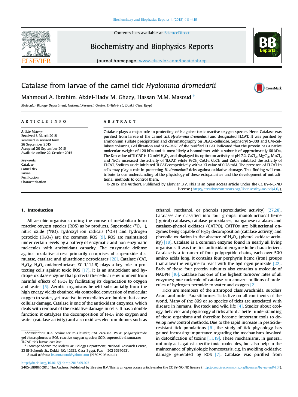 Catalase from larvae of the camel tick Hyalomma dromedarii