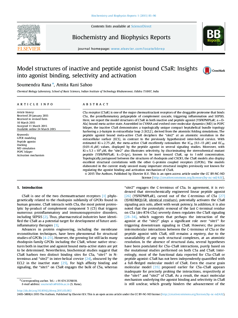 Model structures of inactive and peptide agonist bound C5aR: Insights into agonist binding, selectivity and activation