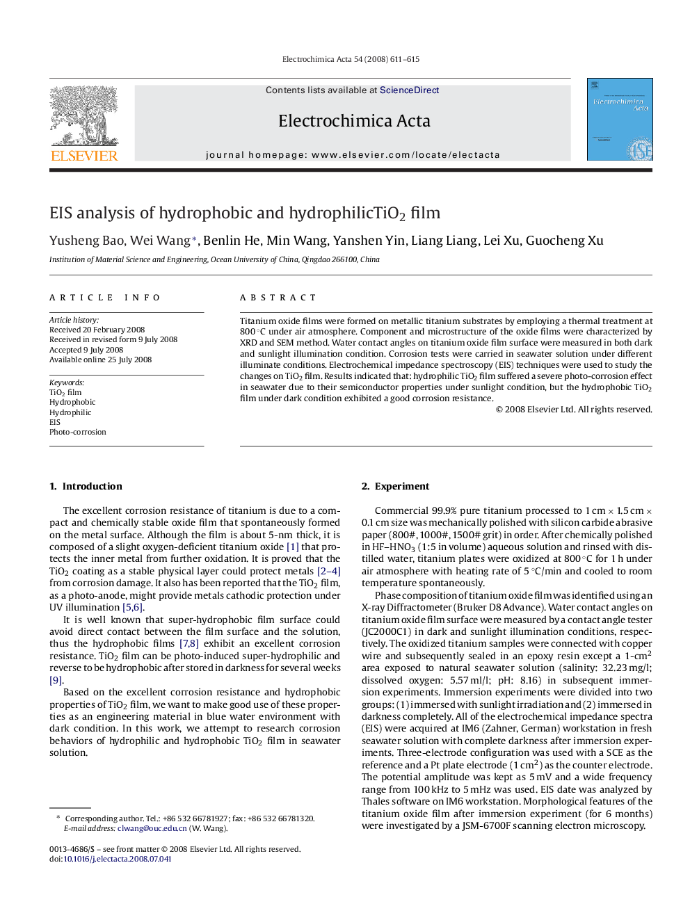 EIS analysis of hydrophobic and hydrophilicTiO2 film