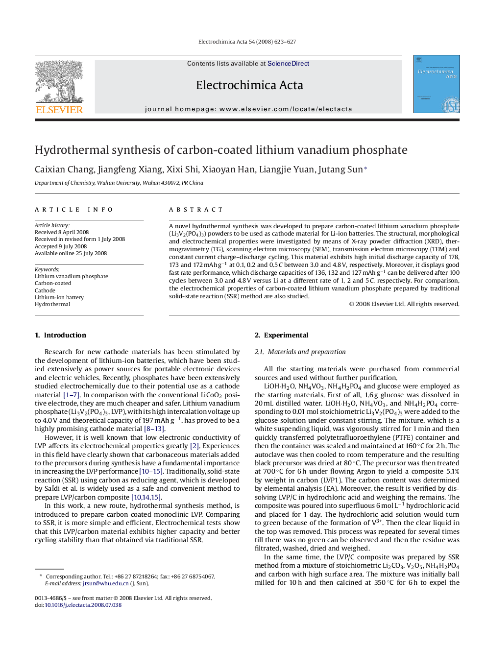 Hydrothermal synthesis of carbon-coated lithium vanadium phosphate