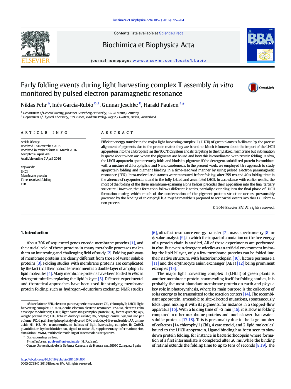 Early folding events during light harvesting complex II assembly in vitro monitored by pulsed electron paramagnetic resonance