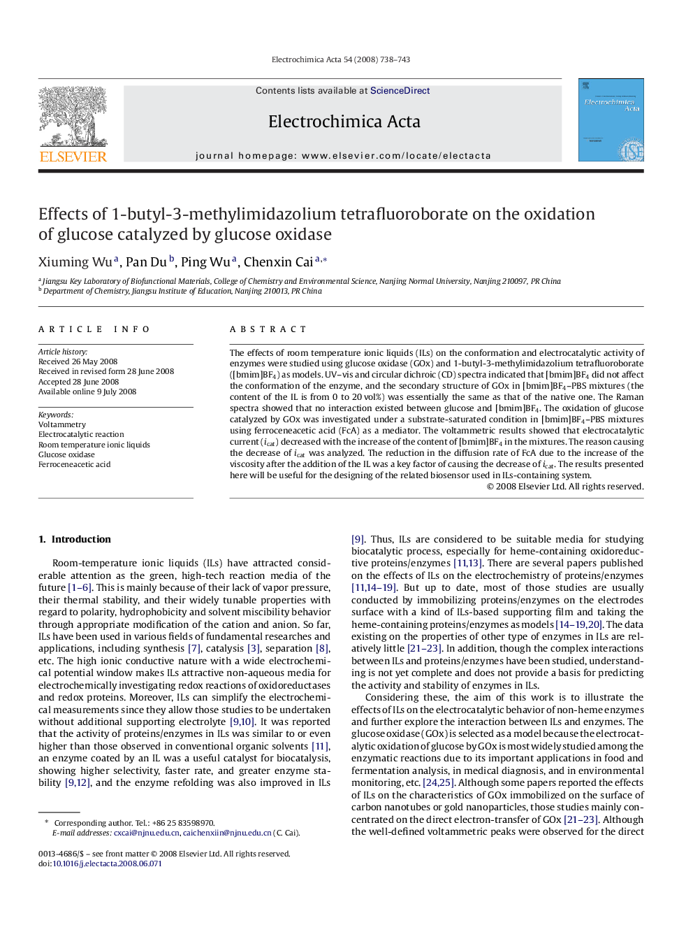 Effects of 1-butyl-3-methylimidazolium tetrafluoroborate on the oxidation of glucose catalyzed by glucose oxidase