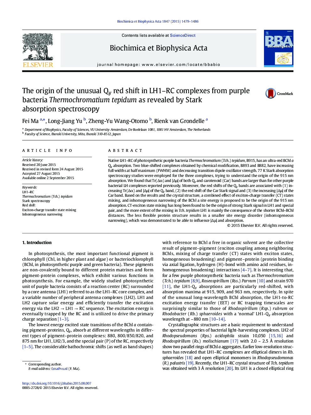 The origin of the unusual Qy red shift in LH1–RC complexes from purple bacteria Thermochromatium tepidum as revealed by Stark absorption spectroscopy