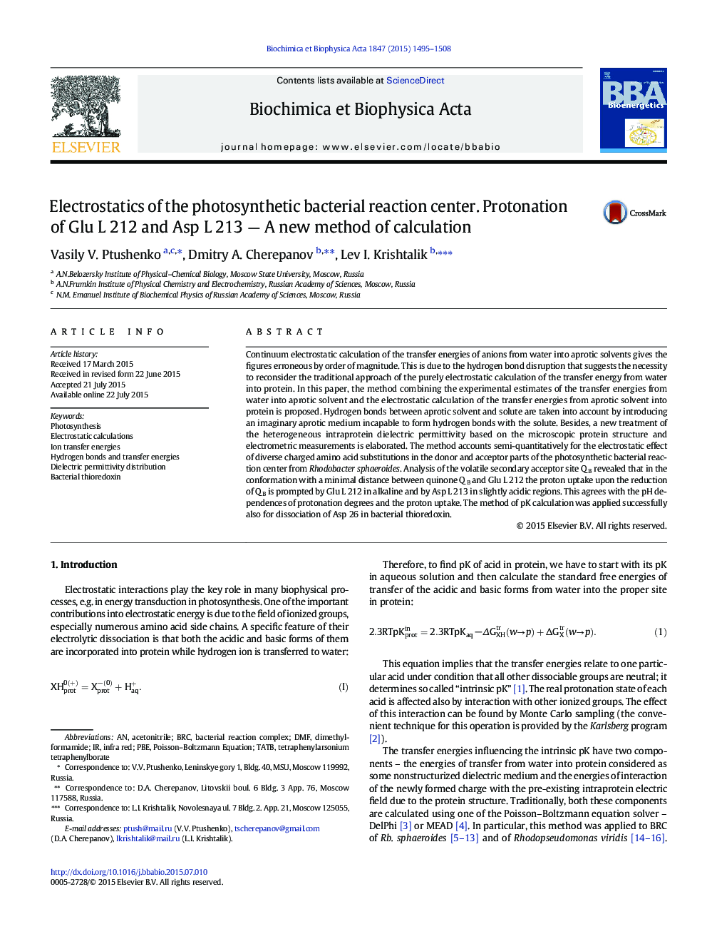 Electrostatics of the photosynthetic bacterial reaction center. Protonation of Glu L 212 and Asp L 213 — A new method of calculation