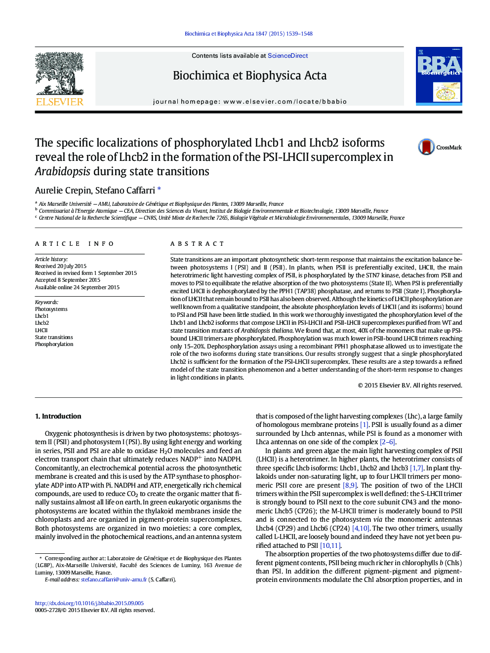 The specific localizations of phosphorylated Lhcb1 and Lhcb2 isoforms reveal the role of Lhcb2 in the formation of the PSI-LHCII supercomplex in Arabidopsis during state transitions