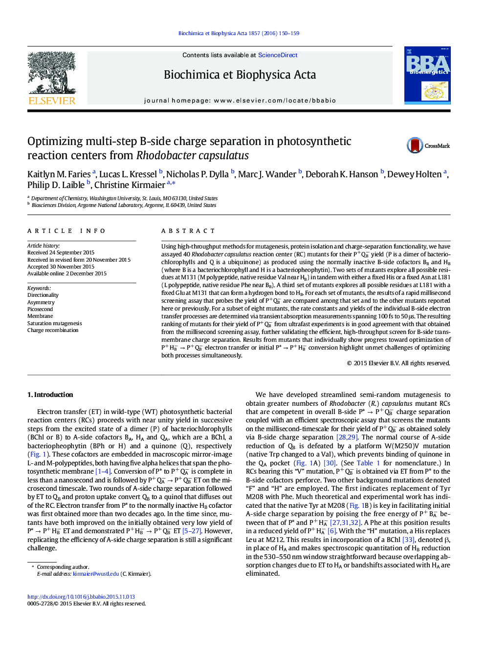 Optimizing multi-step B-side charge separation in photosynthetic reaction centers from Rhodobacter capsulatus