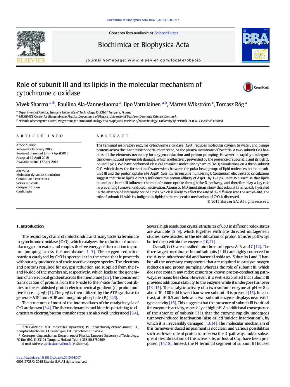 Role of subunit III and its lipids in the molecular mechanism of cytochrome c oxidase