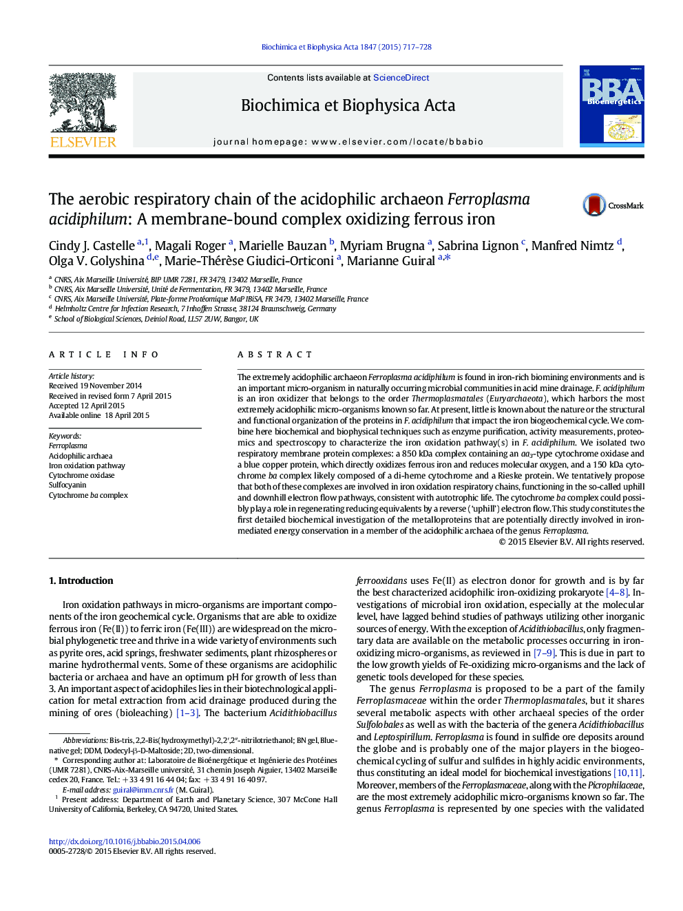 The aerobic respiratory chain of the acidophilic archaeon Ferroplasma acidiphilum: A membrane-bound complex oxidizing ferrous iron