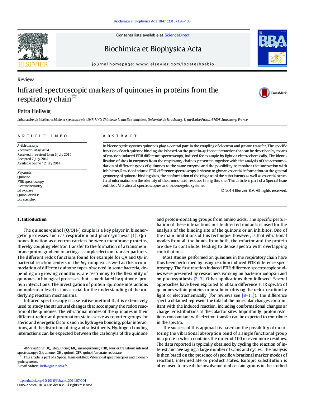 Infrared spectroscopic markers of quinones in proteins from the respiratory chain