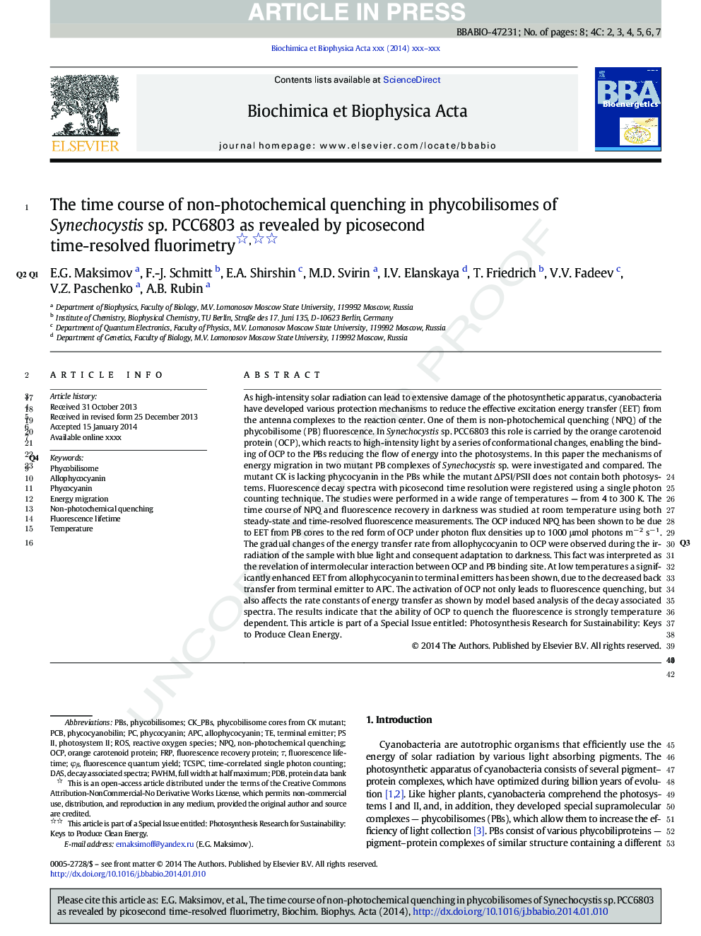 The time course of non-photochemical quenching in phycobilisomes of Synechocystis sp. PCC6803 as revealed by picosecond time-resolved fluorimetry