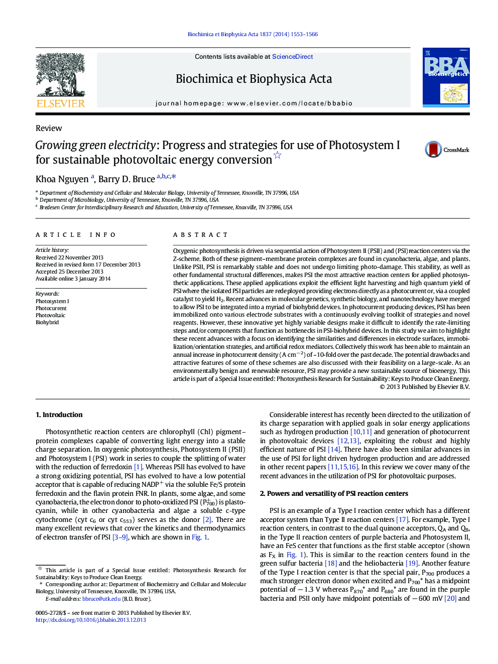 Growing green electricity: Progress and strategies for use of Photosystem I for sustainable photovoltaic energy conversion