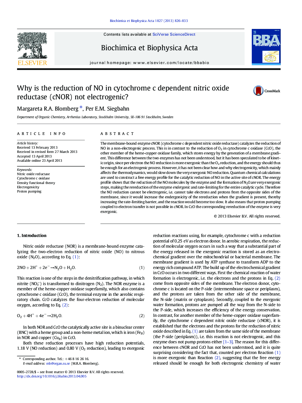 Why is the reduction of NO in cytochrome c dependent nitric oxide reductase (cNOR) not electrogenic?